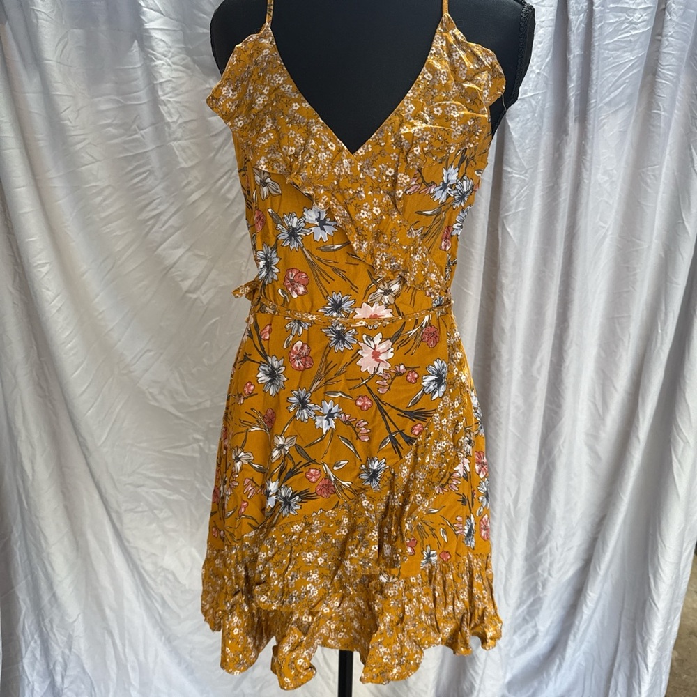 Mustard Floral Ruffle Mini Dress